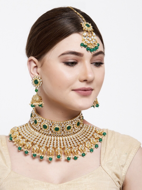 

Shining Diva Gold-Plated Green & White Kundan-Studded & Beaded Jewellery Set