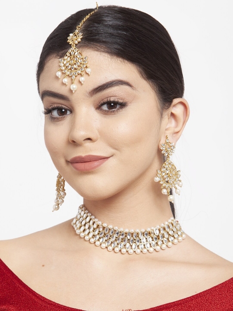 

Shining Diva Gold-Plated White Kundan-Studded & Beaded Jewellery Set