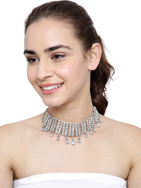 

Shining Diva Fashion Silver-Toned Silver-Plated Choker Necklace