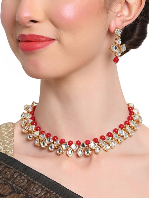 

Shining Diva Gold-Plated White & Red Kundan-Studded & Beaded Jewellery Set