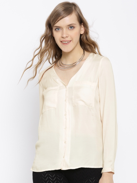 

FOREVER 21 Women Cream-Coloured Solid Semi-Sheer Casual Shirt