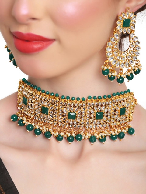 

Shining Diva Women Green Gold-Plated Kundan-Studded & Beaded Jewellery Set