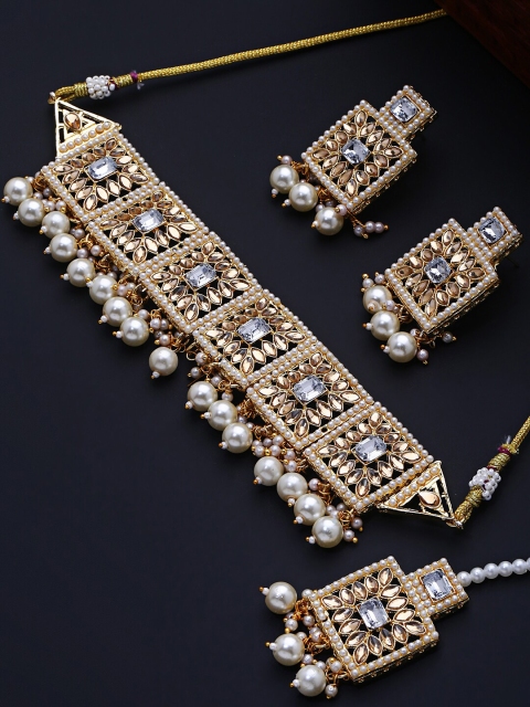 

Shining Diva Gold-Plated & White Kundan Stone Studded & White Beaded Jewellery Set