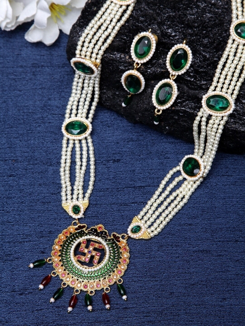 

Shining Diva Gold-Plated Green & White Kundan-Studded & Pearl Beaded Jewellery Set