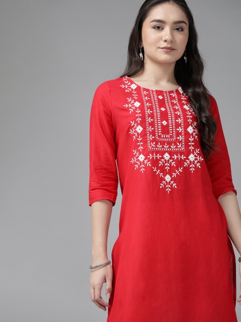 

ANMI Women Red & White Pure Cotton Embroidered Kurta With Mirror Work Details
