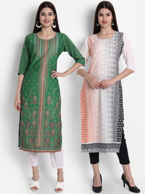 

7Threads Women Green & White Geometric Printed Crepe Kurta
