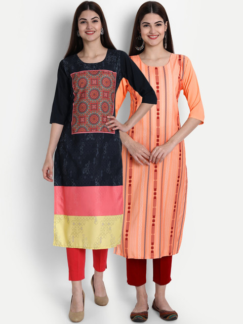 

7Threads Pack of 2 Women Black & Peach-Coloured Printed Crepe Kurta