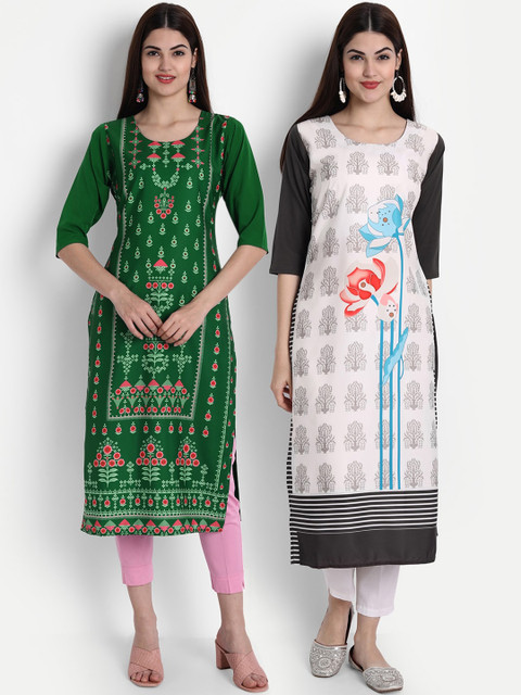 

7Threads Women Green & White Ethnic Motifs Printed Crepe Kurta