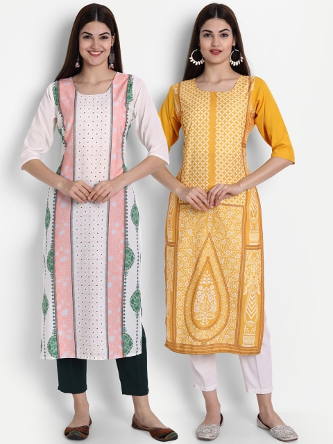 

7Threads Pack of 2 Women White & Mustard Yellow Printed Crepe Kurta
