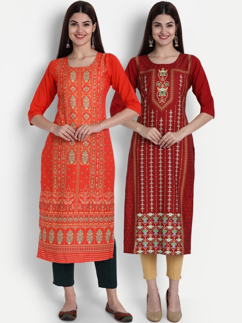 

7Threads Women Red & Maroon Ethnic Motifs Printed Crepe Kurta
