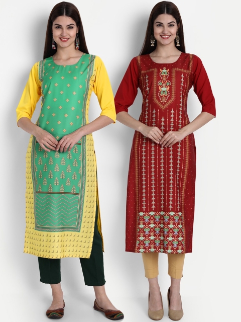 

7Threads Pack of 2 Women Yellow & Maroon Ethnic Motifs Printed Crepe Kurta
