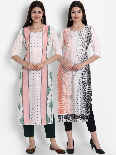 

7Threads Pack of 2 Women White Ethnic Motifs Printed Crepe Kurta