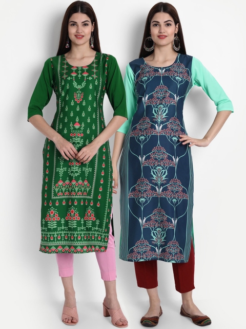

7Threads Women Green & Blue Ethnic Motifs Printed Crepe Kurta