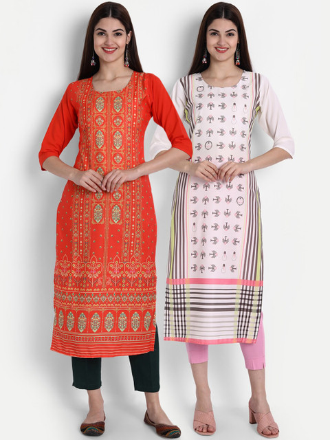 

7Threads Pack of 2 Women Red & White Ethnic Motifs Printed Crepe Kurta