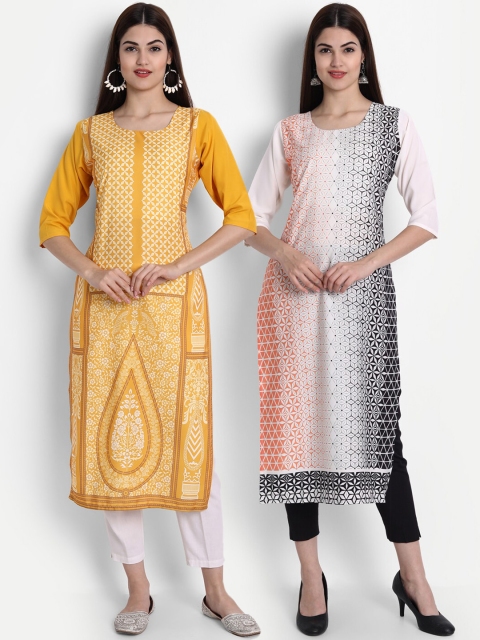 

7Threads Women Mustard Yellow & White Geometric Printed Crepe Kurta