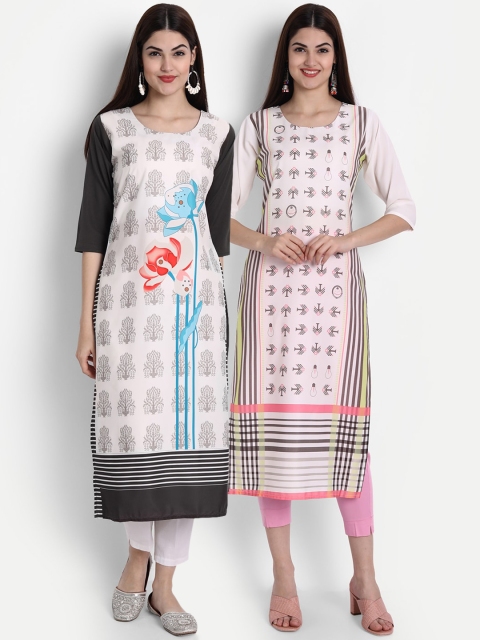 

7Threads Pack of 2 Women White & Black Ethnic Motifs Printed Crepe Kurta