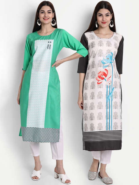 

7Threads Pack of 2 Women Black & Green Ethnic Motifs Printed Crepe Kurta