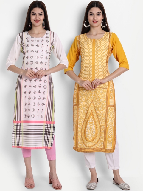 

7Threads Women Cream-Coloured & Mustard Yellow Geometric Printed Crepe Kurta