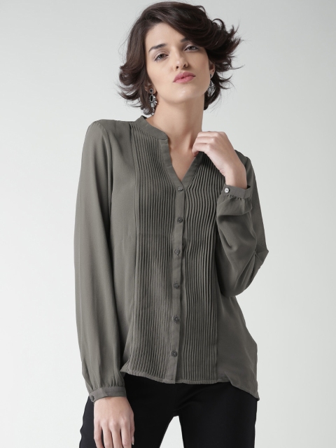 

FOREVER 21 Women Grey Solid Sheer Casual Shirt with Tucks