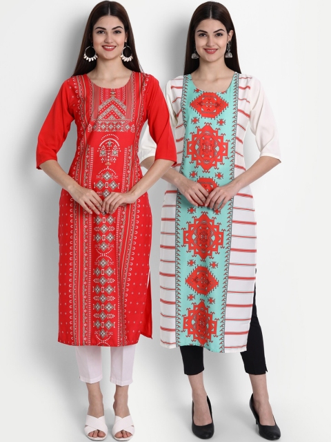 

7Threads Women Red & White Geometric Printed Crepe Kurta