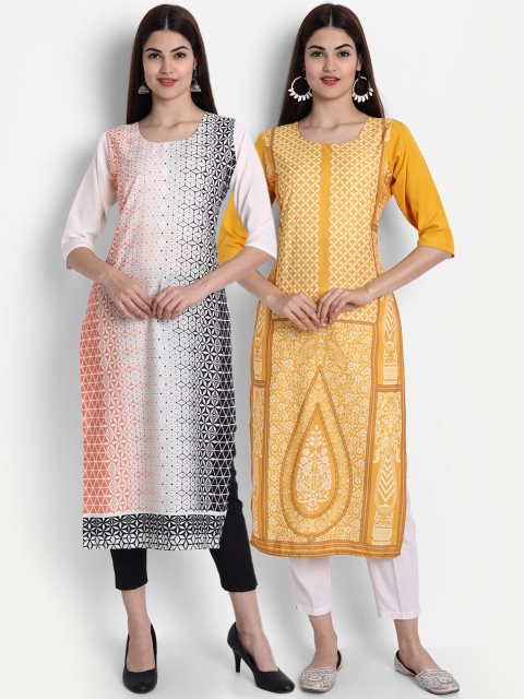 

7Threads Pack of 2 Women White & Mustard Yellow Ethnic Motifs Printed Crepe Kurta, Peach