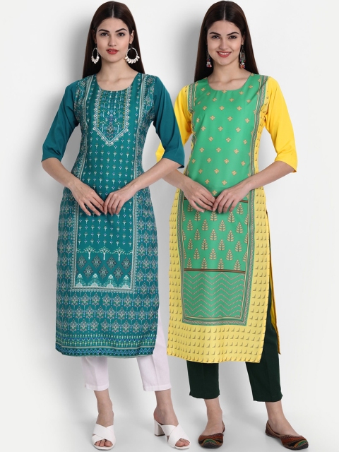 

7Threads Women Teal & Green Ethnic Motifs Printed Crepe Kurta