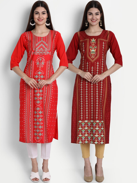 

7Threads Pack of 2 Women Maroon & Red Ethnic Motifs Printed Crepe Kurta
