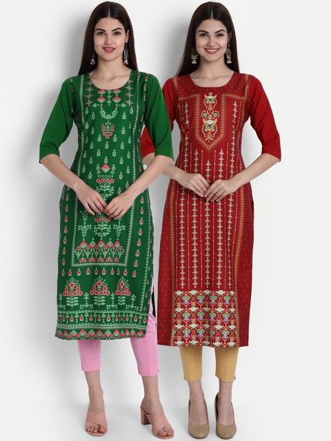 

7Threads Women Green & Maroon Ethnic Motifs Printed Crepe Kurta