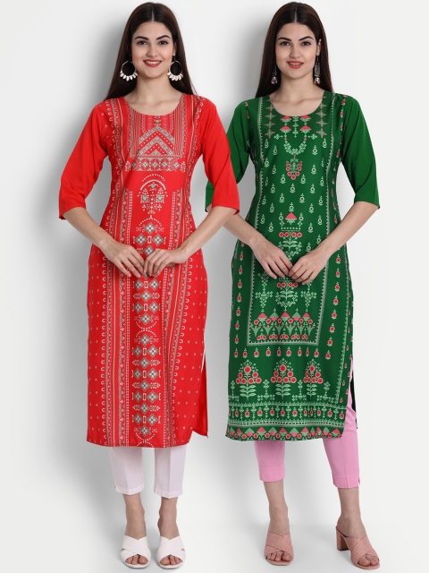 

7Threads Pack of 2 Women Red & Green Ethnic Motifs Printed Crepe Kurta