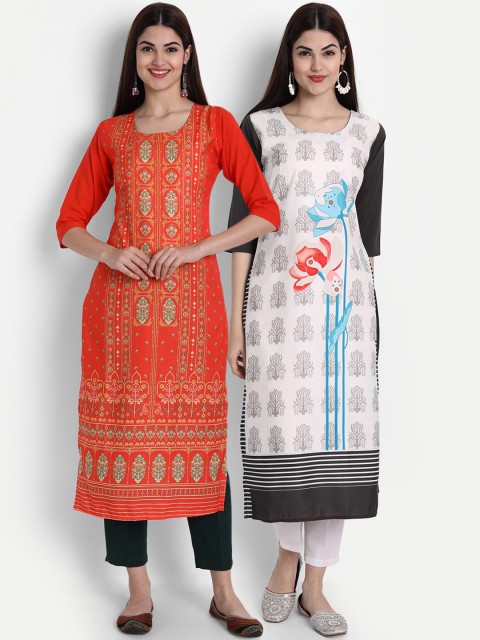 

7Threads Women Red & White Ethnic Motifs Printed Thread Work Crepe Kurta