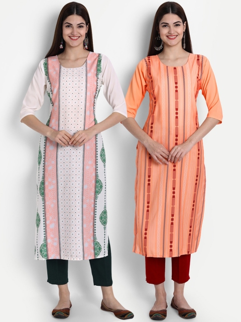 

7Threads Pack of 2 Women White & Orange Ethnic Motifs Printed Crepe Kurta