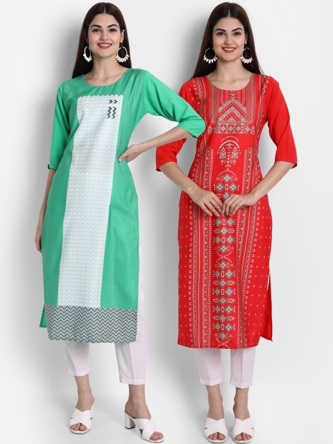 

7Threads Pack of 2 Women Green & Red Geometric Printed Crepe Kurta