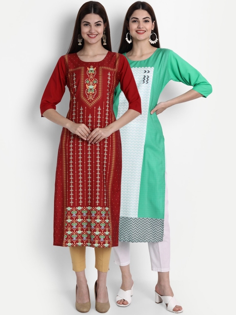 

7Threads Pack of 2 Women Maroon & Green Ethnic Motifs Printed Crepe Kurta