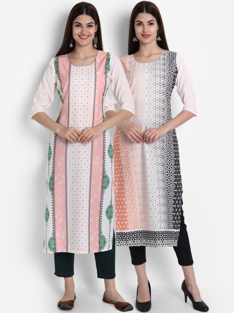 

7Threads Women White & Pink Ethnic Motifs Printed Crepe Kurta