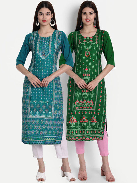 

7Threads Pack of 2 Women Green & Teal Green Ethnic Motifs Printed Crepe Kurta