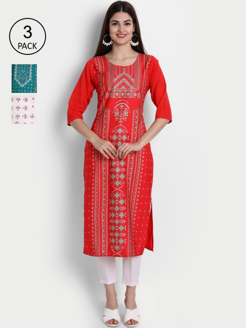 

7Threads Pack of 3 Women Ethnic Motifs Printed Crepe Kurta, Red