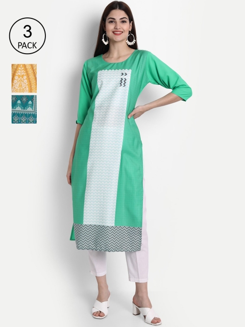 

7Threads Women Green & Yellow Ethnic Motifs Printed Crepe Kurta