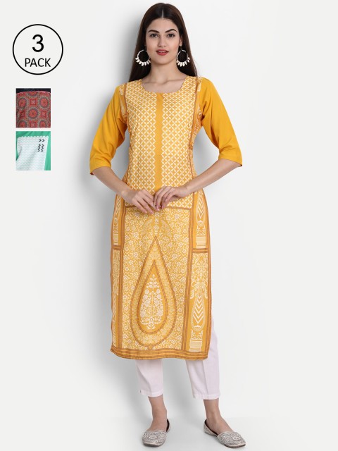 

7Threads Women Pack Of 3 Kurtas, Yellow