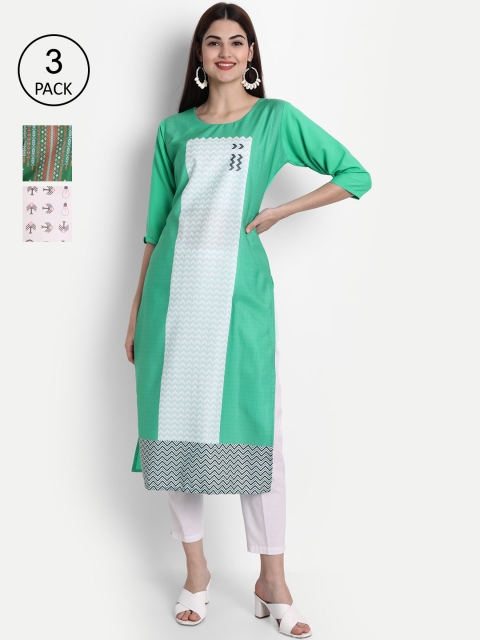 

7Threads Pack of 3 Women Ethnic Motifs Printed Crepe Kurta, Green