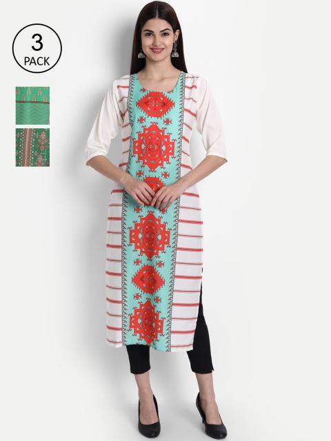 

7Threads Women Green & Yellow Geometric Printed Crepe Kurta