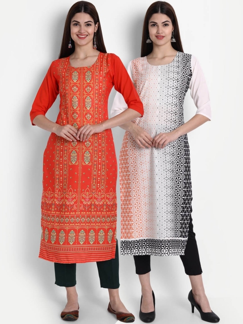

7Threads Women Red & White Ethnic Motifs Printed Crepe Kurta