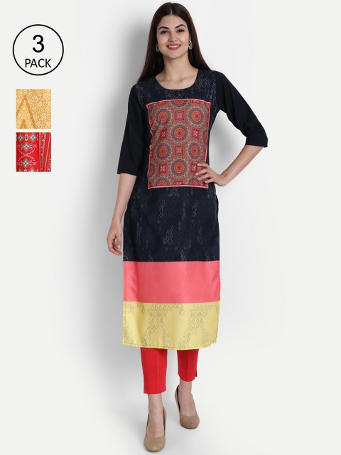 

7Threads Pack of 3 Women Printed Crepe Kurta, Multi