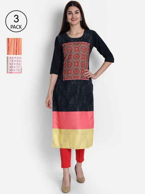 

7Threads Women Black & Peach-Coloured Ethnic Motifs Printed Thread Work Crepe Kurta