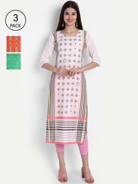 

7Threads Women White & Green Geometric Crepe Kurta