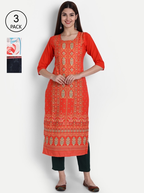 

7Threads Women Pack Of 3 Kurtas, Red