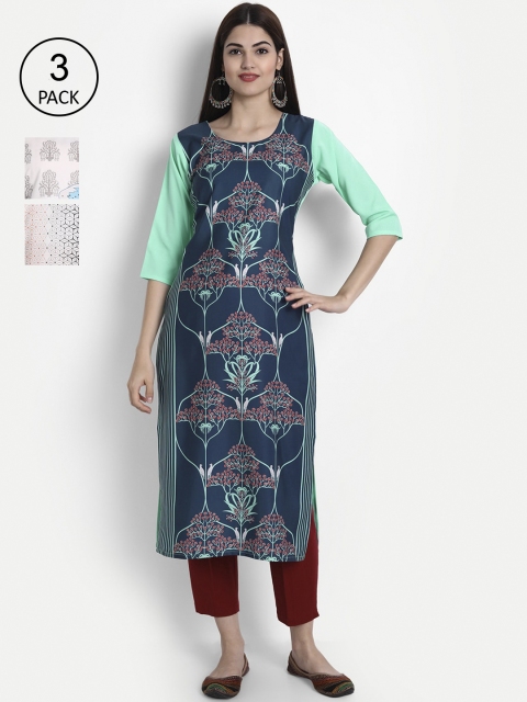 

7Threads Women Pack Of 3 Kurtas, Navy blue