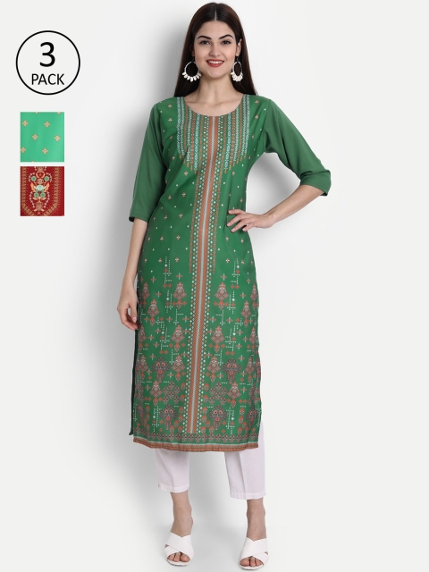 

7Threads Women Green & Maroon Geometric Printed Crepe Kurta
