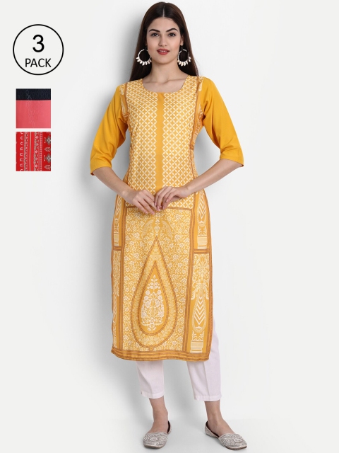 

7Threads Women Pack Of 3 Kurtas, Yellow
