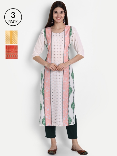 

7Threads Women White & Yellow Ethnic Motifs Printed Crepe Kurta