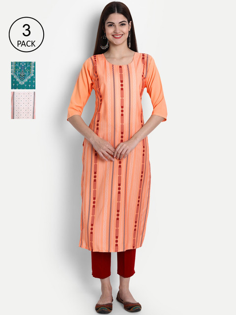 

7Threads Women Multicoloured Striped Flared Sleeves Thread Work Crepe Kaftan Kurta, Multi